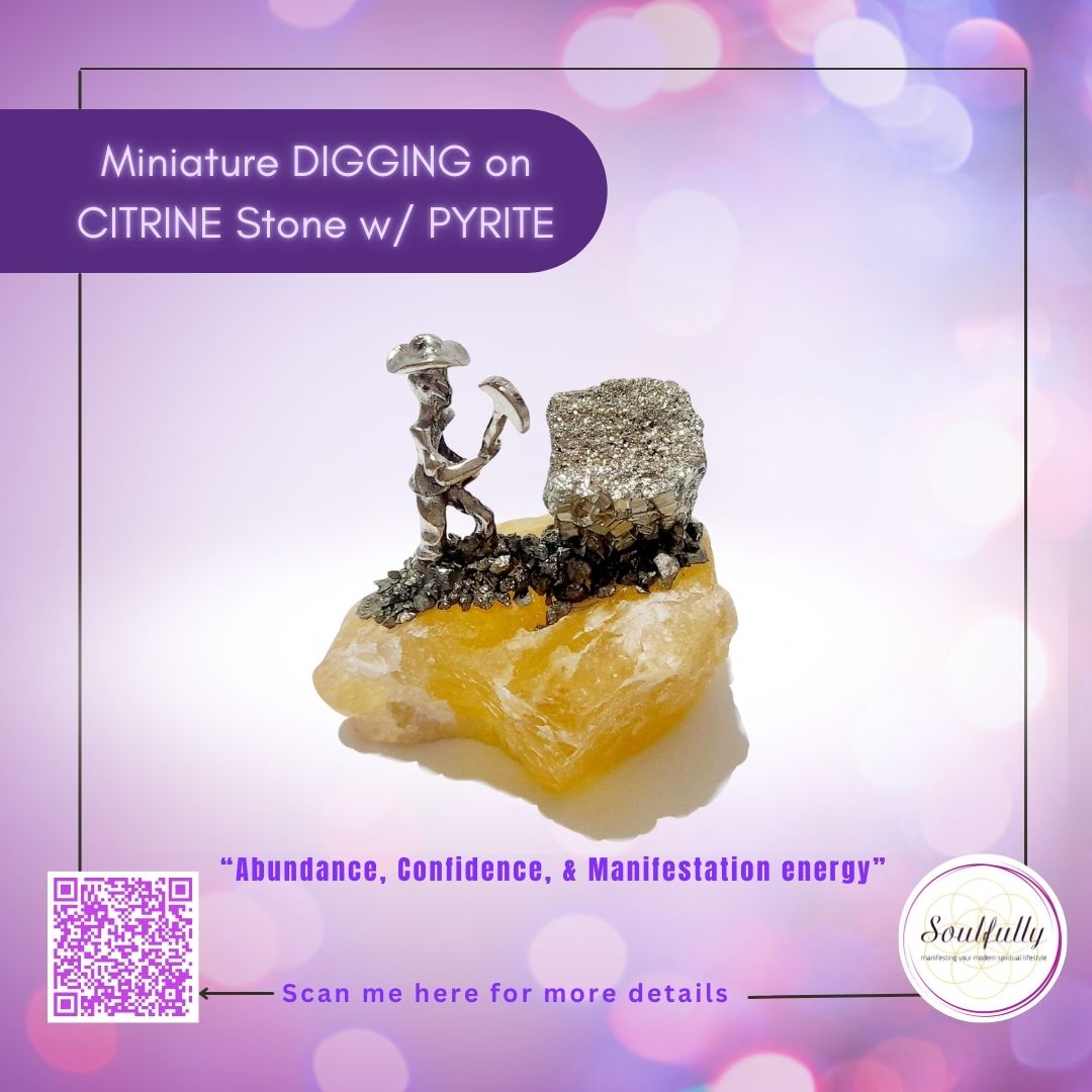 Miniature Figures on Raw Citrine Stone with Pyrite