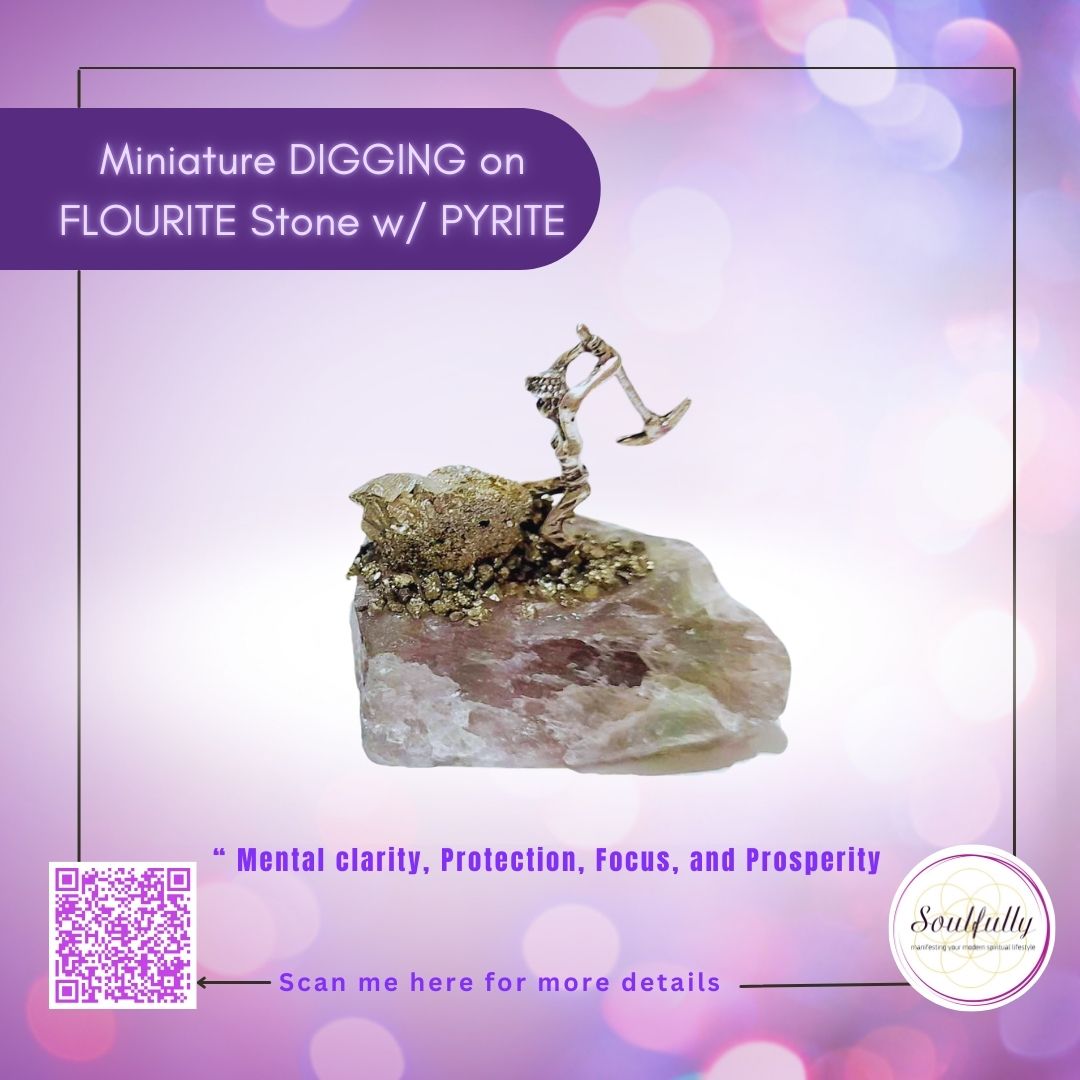 Miniature Figures on Raw Fluorite Stone with Pyrite