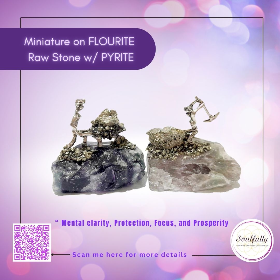 Miniature Figures on Raw Fluorite Stone with Pyrite
