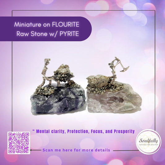 Miniature Figures on Raw Fluorite Stone with Pyrite