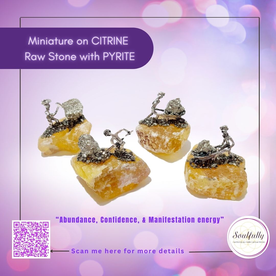 Miniature Figures on Raw Citrine Stone with Pyrite