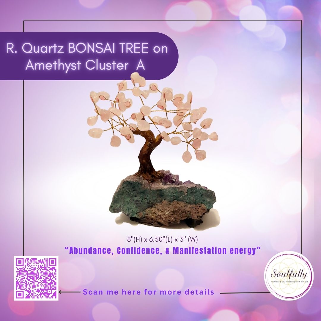 Rose Quartz Bonsai Tree on Amethyst Cluster Stone