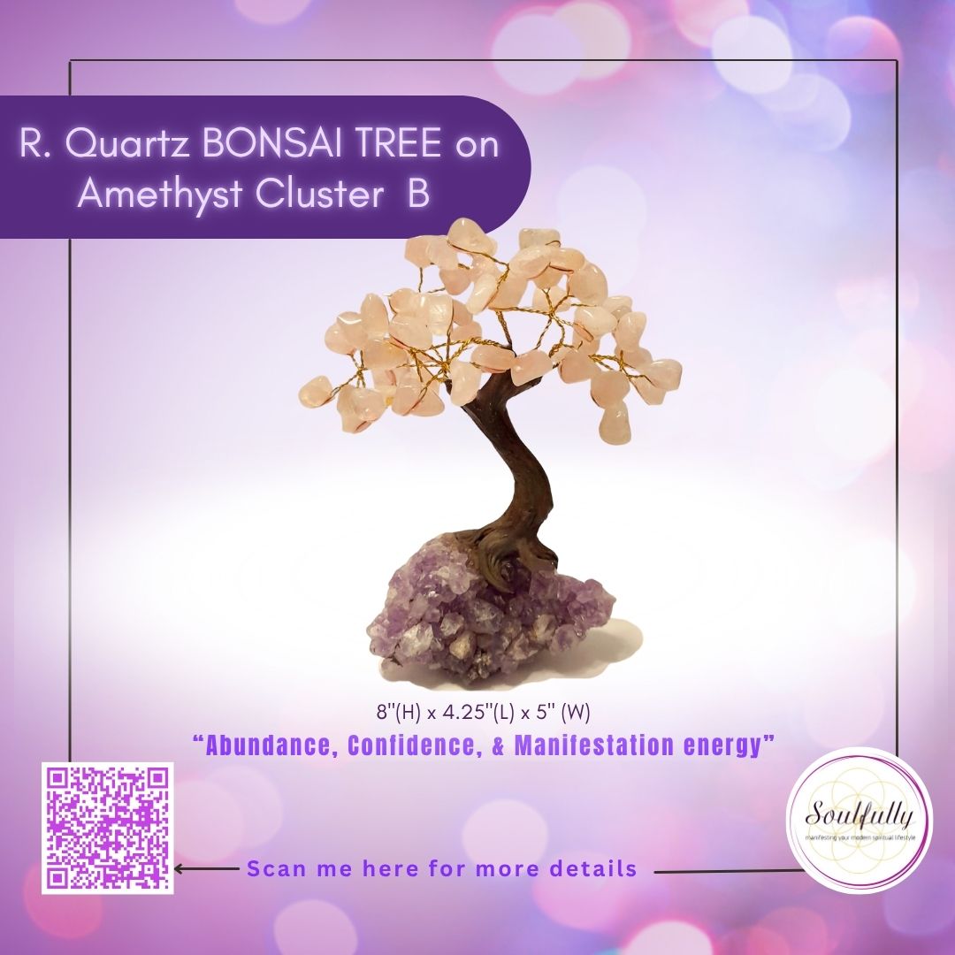 Rose Quartz Bonsai Tree on Amethyst Cluster Stone