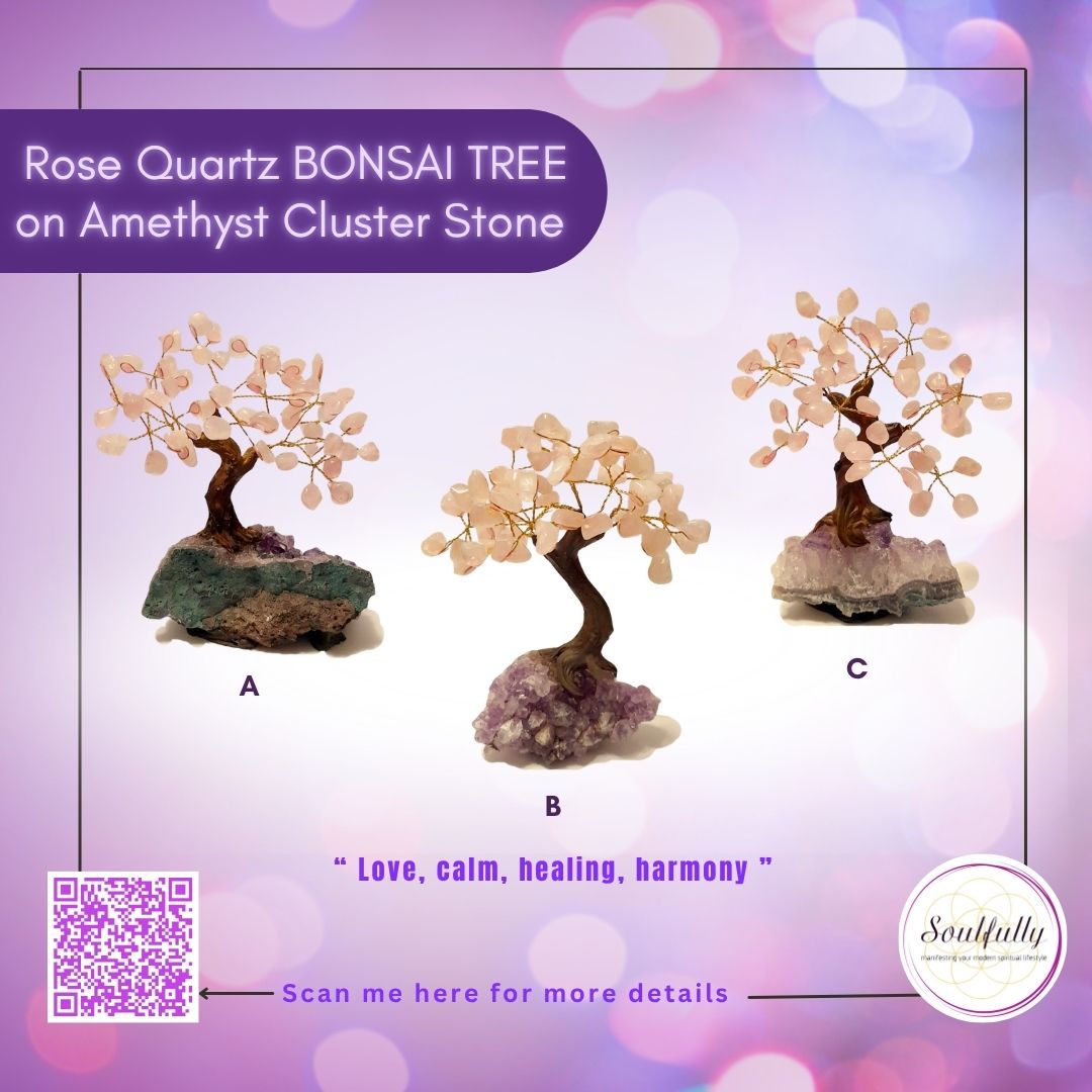 Rose Quartz Bonsai Tree on Amethyst Cluster Stone