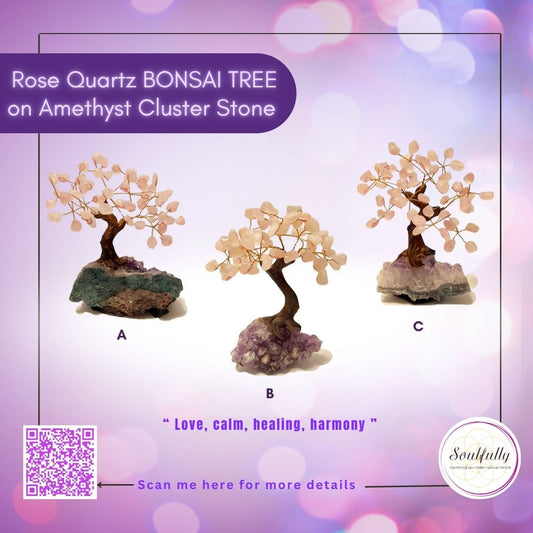 Rose Quartz Bonsai Tree on Amethyst Cluster Stone